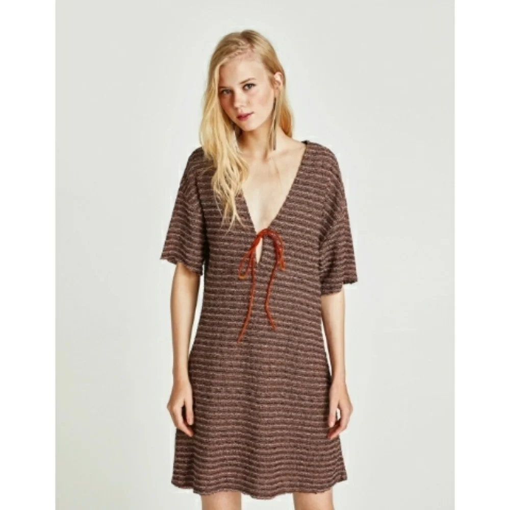 ZARA // soft knit front tie plunge mini dress